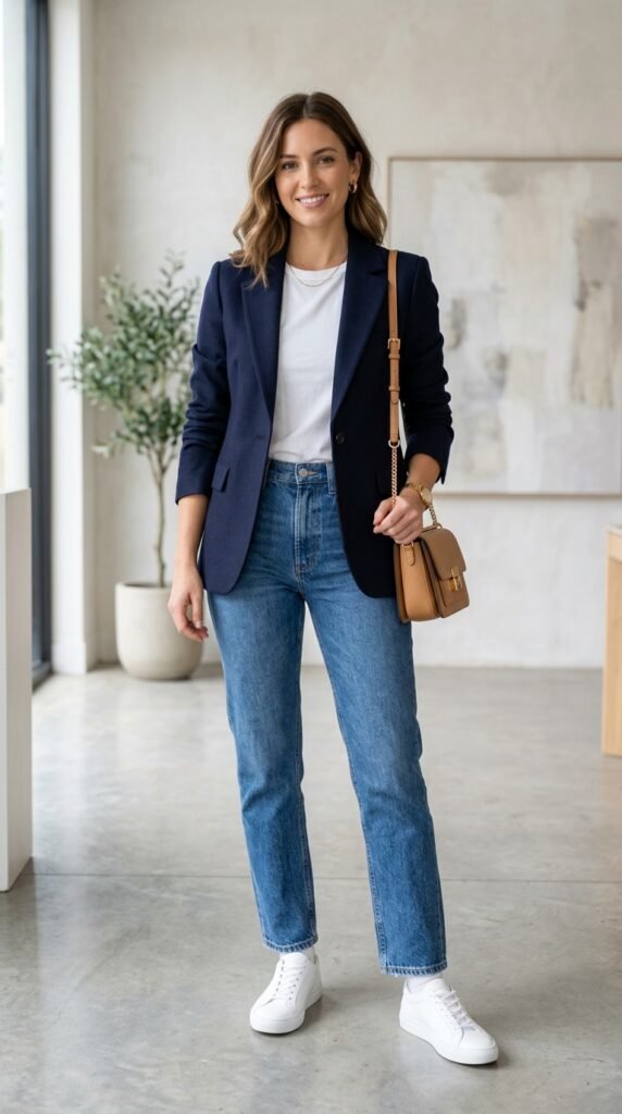 Blazer and jeans combo creating a chic, modern, and effortlessly stylish outfit with a perfect mix of casual and tailored fashion