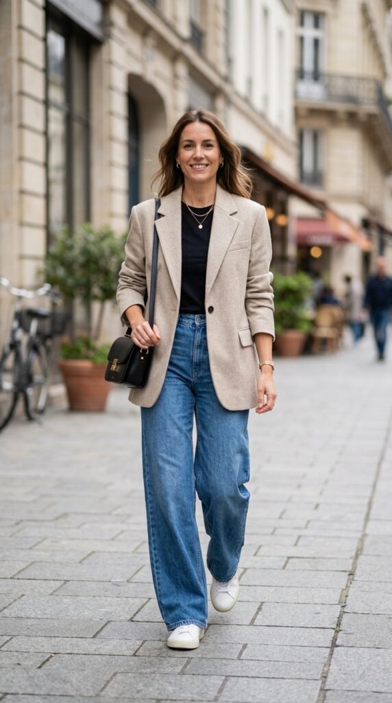 Blazer with wide-leg jeans combo creating a chic, modern, and effortlessly stylish outfit blending tailored elegance with relaxed denim vibes