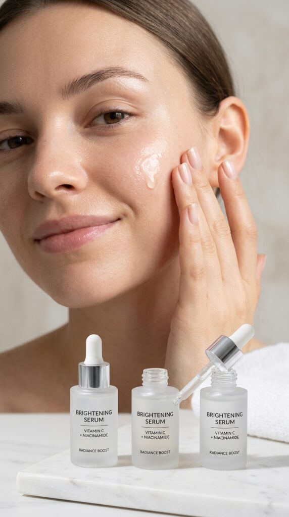 High-potency brightening serums applied to glowing skin, creating a radiant, even-toned, and luminous complexion with a clean and modern skincare aesthetic