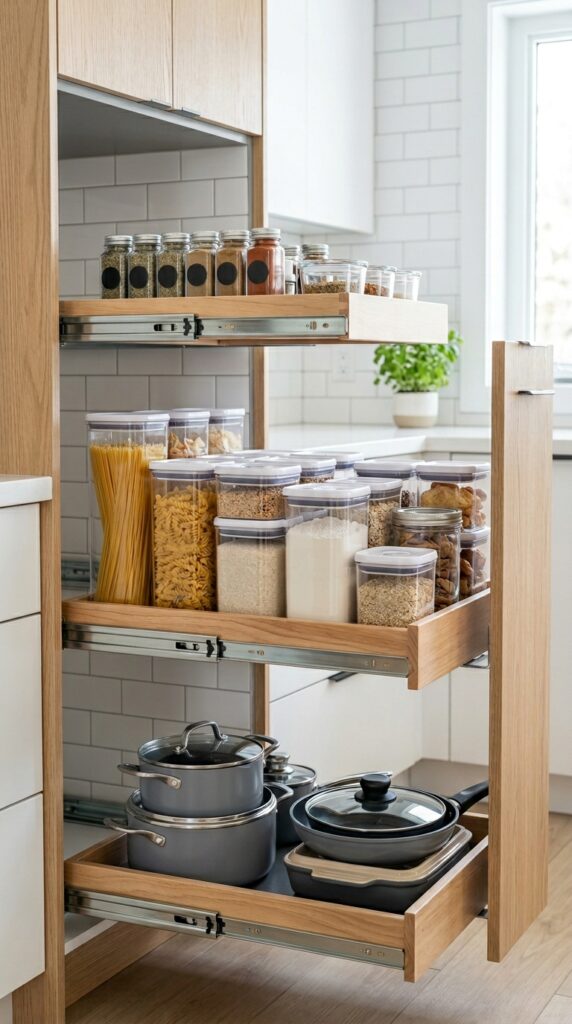 Pull-out cabinet organizers with sliding shelves creating a clean, functional, and accessible kitchen storage solution with a modern aesthetic