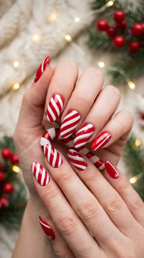 Candy cane nails with red and white striped design, creating a festive, fun, and stylish Christmas manicure perfect for the holiday season