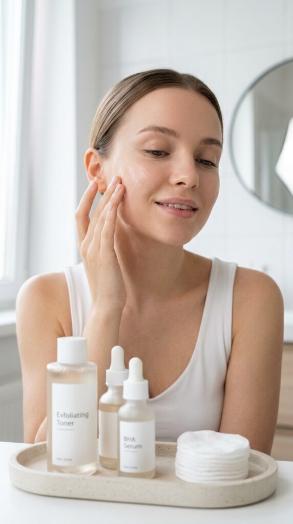 Chemical exfoliation skincare routine with AHA and BHA products, creating smooth, glowing, and refined skin with a clean and minimal aesthetic