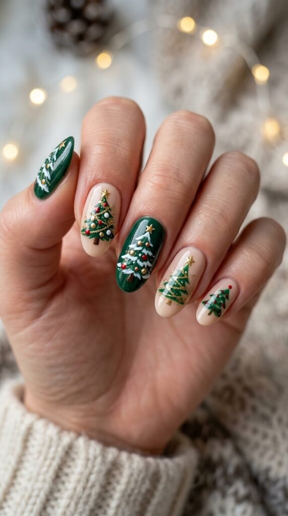 Christmas tree nail art with festive green designs and glitter accents, creating a cute, stylish, and holiday-ready manicure look