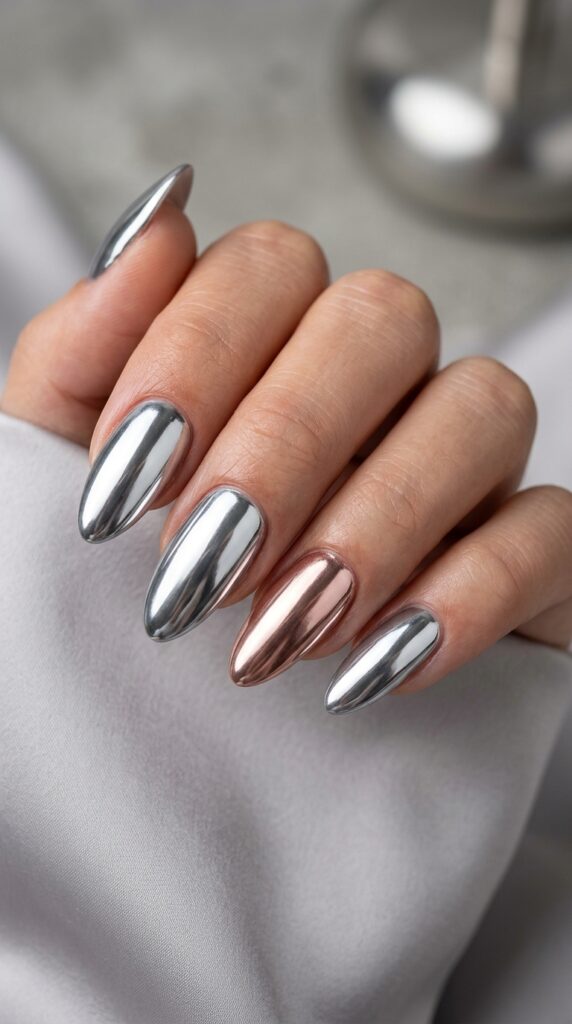Chrome nails with a mirror-like metallic finish, creating a bold, futuristic, and eye-catching manicure with a high-shine luxury look
