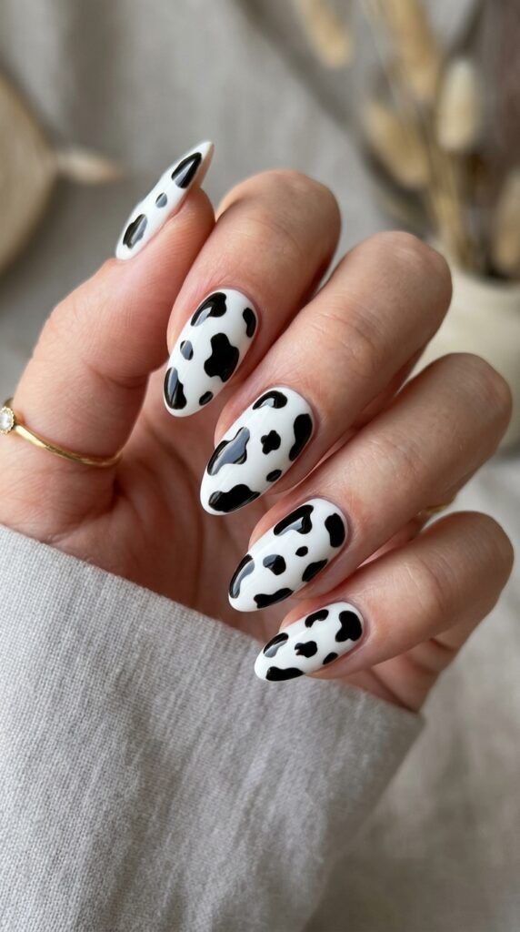 Cow print nails with black and white pattern, creating a fun, trendy, and high-contrast animal print manicure with a clean modern aesthetic