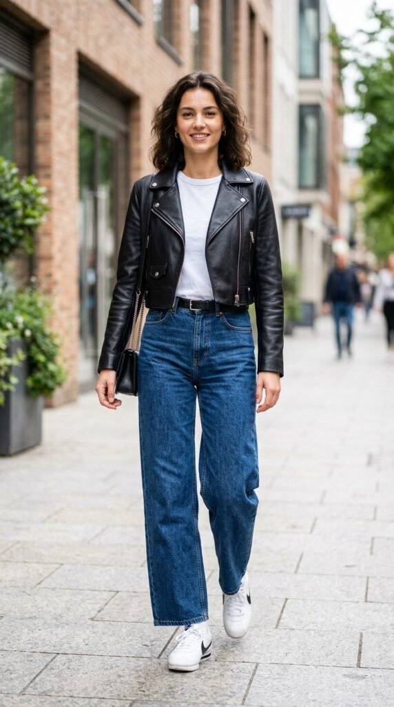 Cropped leather jacket paired with wide-leg jeans, creating a bold, modern, and effortlessly chic street style outfit with edgy and balanced proportions