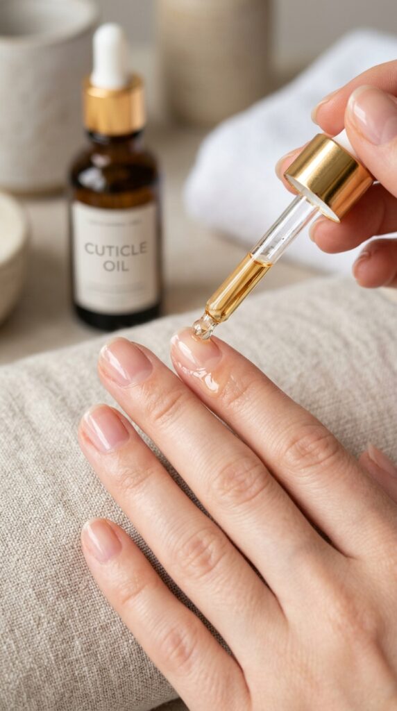 Daily cuticle oil routine showing hydrated glossy nails and soft cuticles, creating a healthy, polished, and well-maintained manicure with a clean beauty aesthetic