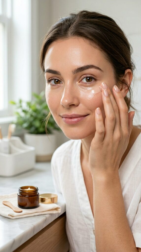 Caffeine eye cream routine applied under the eyes to reduce puffiness and dark circles, creating a fresh, smooth, and well-rested skincare look