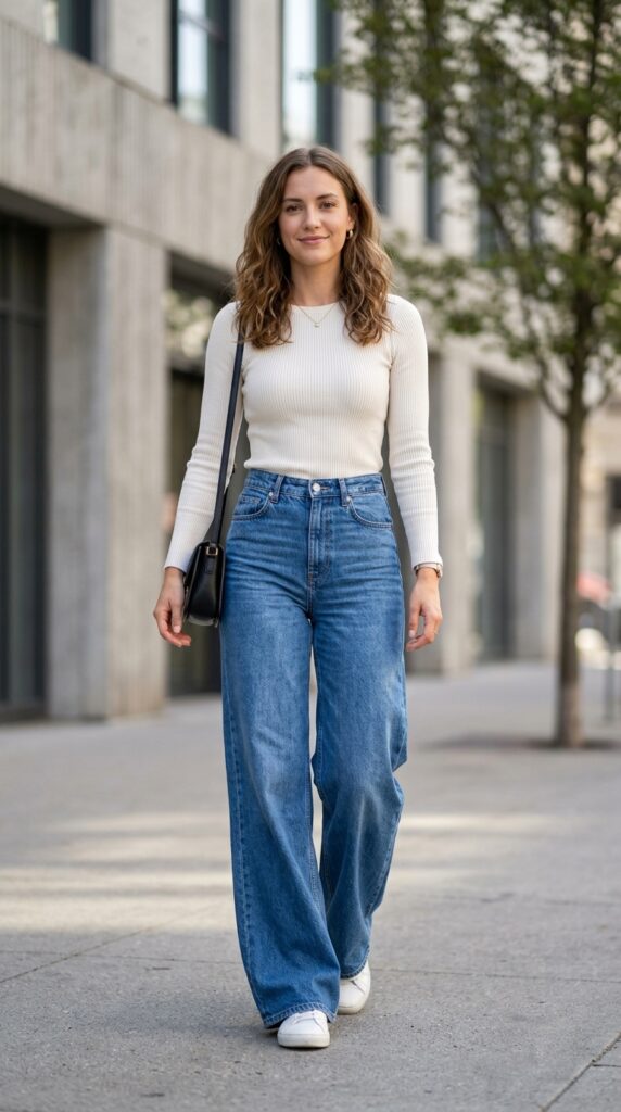 Fitted top with wide-leg jeans creating a balanced, modern, and effortlessly chic outfit with a flattering silhouette and minimalist style