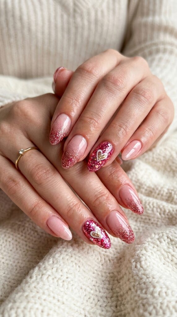 Glitter Valentine nails with pink and red tones, sparkling accents, and heart details, creating a romantic, festive, and eye-catching manicure perfect for Valentine’s Day