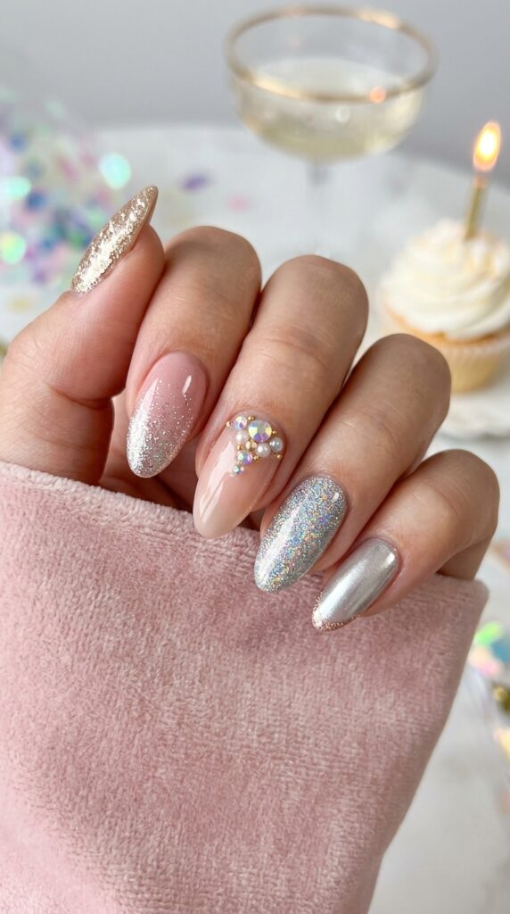 Glitter glam birthday nails with sparkles and rhinestones, creating a bold, festive, and luxurious manicure perfect for celebrations