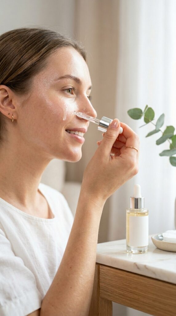 Lightweight daily glow serum applied to skin, creating a radiant, hydrated, and naturally luminous complexion with a clean minimalist skincare aesthetic