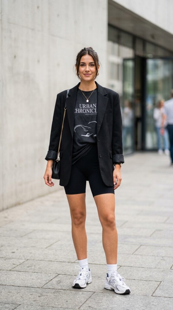 Graphic tee with biker shorts and an oversized blazer, creating a trendy, modern, and effortlessly chic outfit blending athleisure and tailored fashion