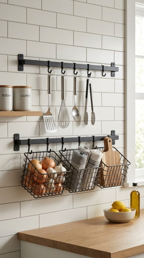 Hanging storage solutions with wall-mounted racks and baskets, creating a clean, space-saving, and organized kitchen or home setup with easy access