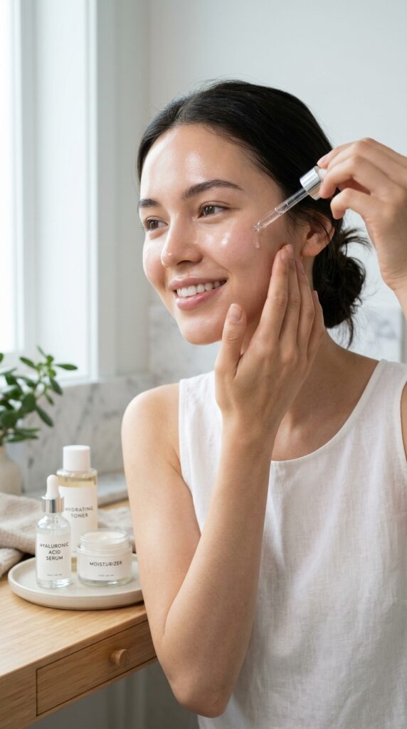 Hydrating hyaluronic acid skincare routine with plump dewy skin and serum application, creating a smooth, fresh, and glowing glass-skin effect with a clean aesthetic