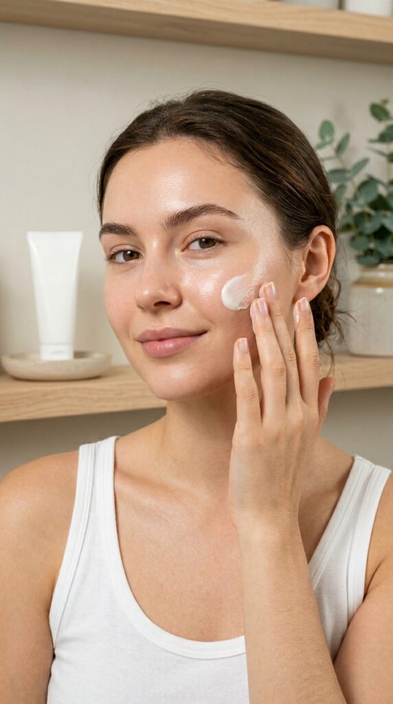 Hydrating sunscreen for dry and sensitive skin with a creamy texture and dewy glow, creating a soft, smooth, and nourished skincare look