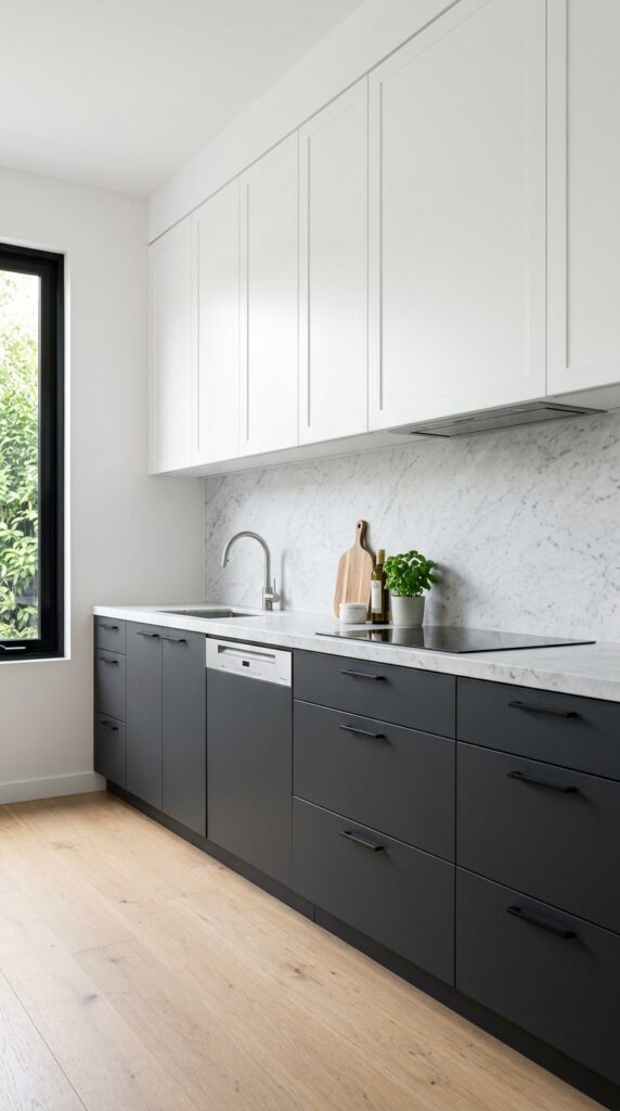 Kitchen with white upper and dark lower cabinets, creating a modern two-tone design with a clean, elegant, and high-contrast aesthetic