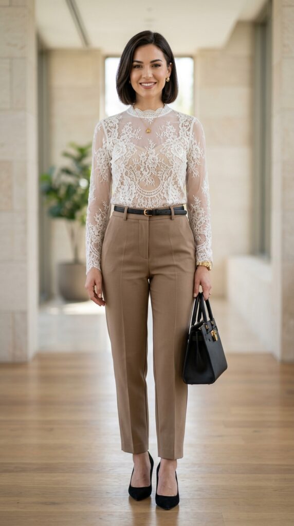 Lace blouse with tailored pants creating a chic, elegant, and modern outfit that blends feminine detail with structured sophistication perfect for polished everyday or workwear looks