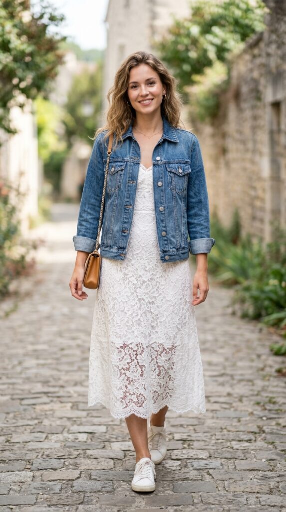 Lace dress styled with a denim jacket creating a chic, feminine, and casual outfit with a perfect blend of elegance and relaxed modern style