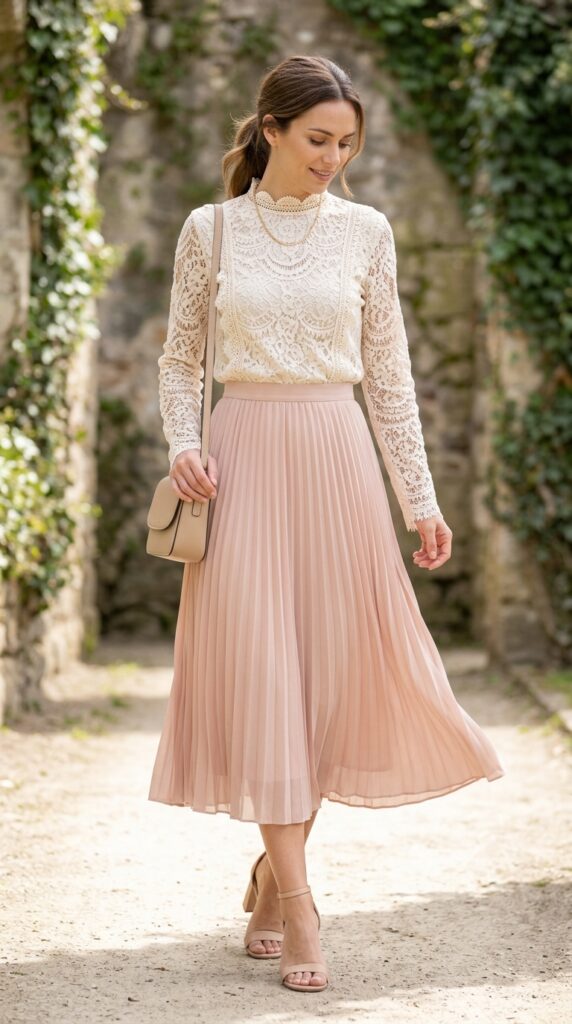 Lace top with a midi skirt creating a chic, feminine, and elegant outfit with a balanced silhouette and soft romantic aesthetic perfect for modern styling