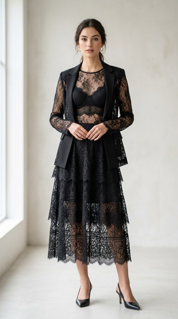 Layered lace outfit with multiple textures and sheer details, creating a romantic, elegant, and modern fashion look with depth and sophistication