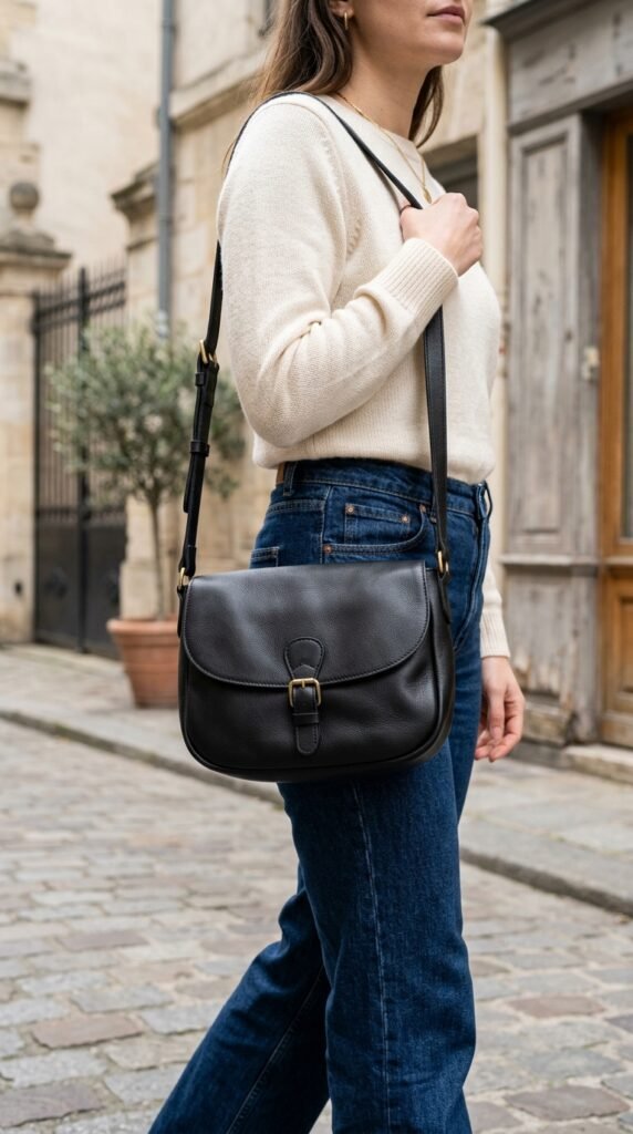 Soft leather crossbody bag with a relaxed yet structured design, creating a practical, modern, and effortlessly chic accessory for everyday use