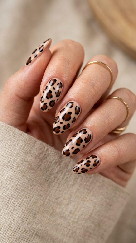Classic leopard print nails with brown and black spots on a nude base, creating a bold, trendy, and timeless animal print manicure with a chic aesthetic