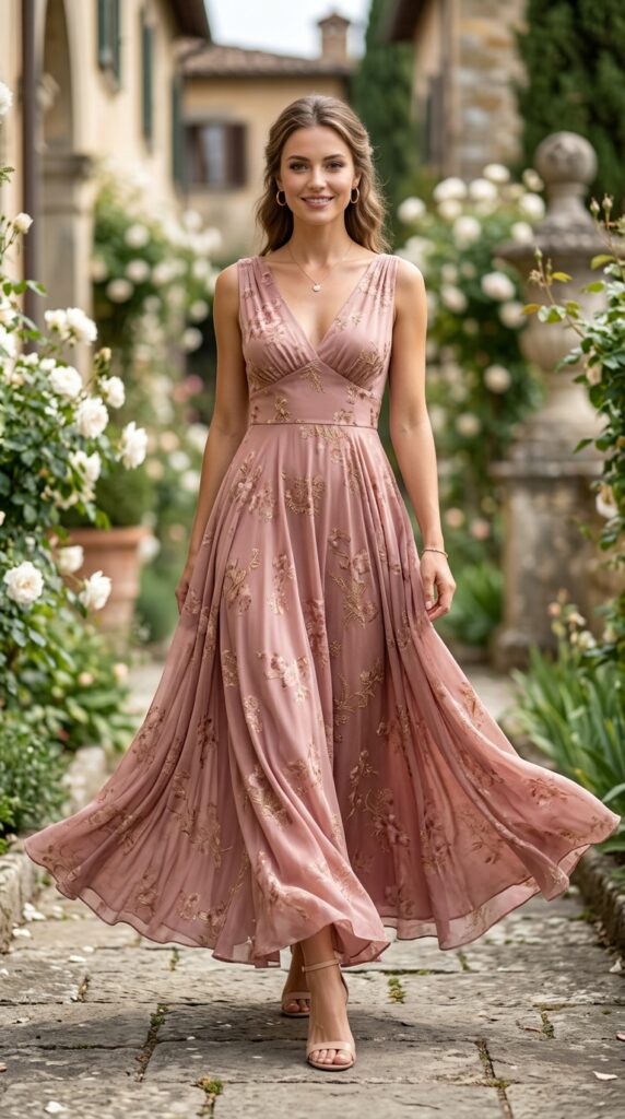 Maxi dress elegance with a flowing silhouette and refined details, creating a timeless, feminine, and sophisticated fashion look