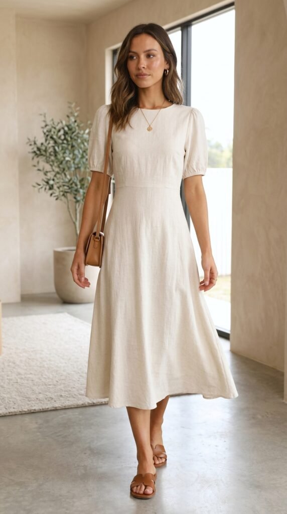 Midi dress with minimal accessories creating a clean, elegant, and effortlessly chic outfit with a modern minimalist aesthetic