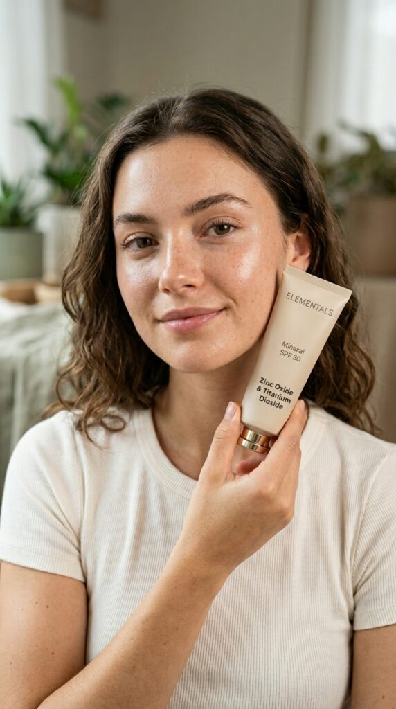 Mineral sunscreen for clean beauty lovers with a natural glow and gentle formula, showcasing soft, healthy, and protected skin with a minimal skincare aesthetic