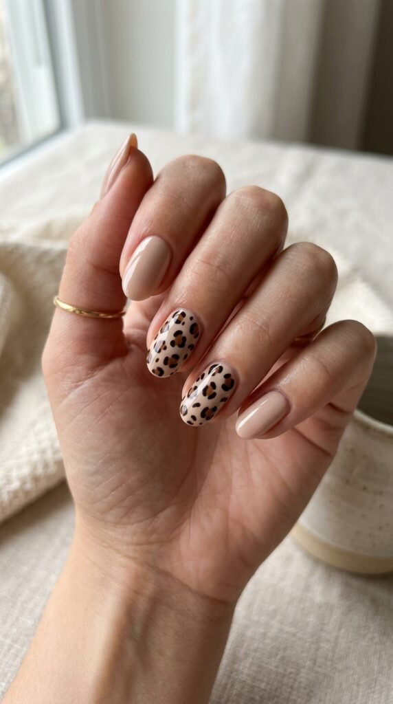 Minimal leopard accent nails with a nude base and subtle animal print detail, creating a chic, modern, and balanced manicure with a clean aesthetic