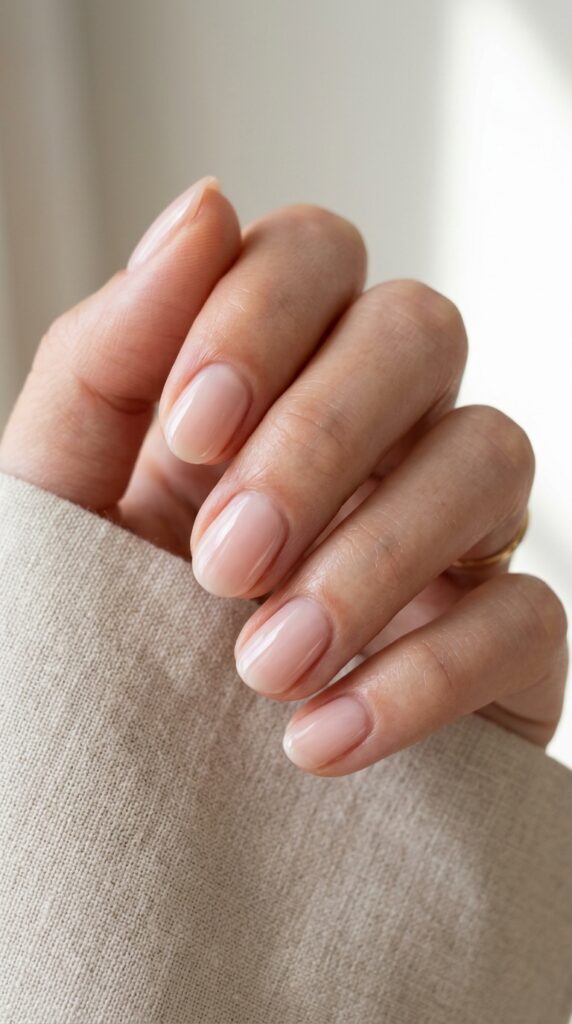 Minimal nail polish look with sheer nude tones and glossy finish, creating a clean, natural, and effortlessly elegant manicure aesthetic
