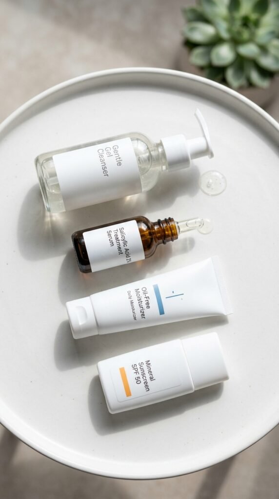 Minimalist acne skincare routine with essential products like cleanser, serum, moisturizer, and sunscreen, creating a clean, simple, and effective skincare setup