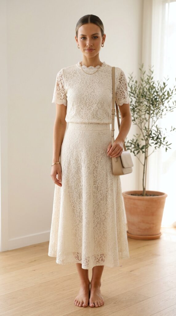 Minimalist lace outfit in soft neutral tones, creating a clean, elegant, and effortlessly chic look with a modern and refined aesthetic