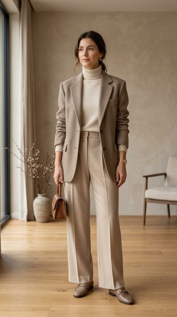 Monochrome neutral outfit in beige and taupe tones, creating a chic, minimalist, and elegant look with soft layered textures