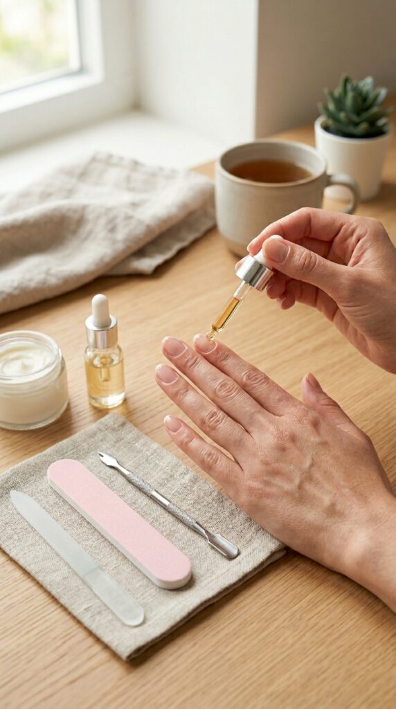 Weekly nail care ritual with manicure tools and healthy natural nails, creating a clean, organized, and relaxing self-care routine for strong and well-maintained nails
