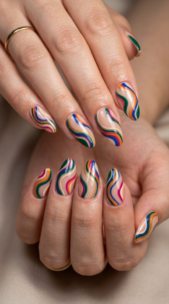 Swirl abstract nail design with smooth flowing lines and glossy finish, creating a luxury, modern, and editorial-style manicure with a bold artistic aesthetic