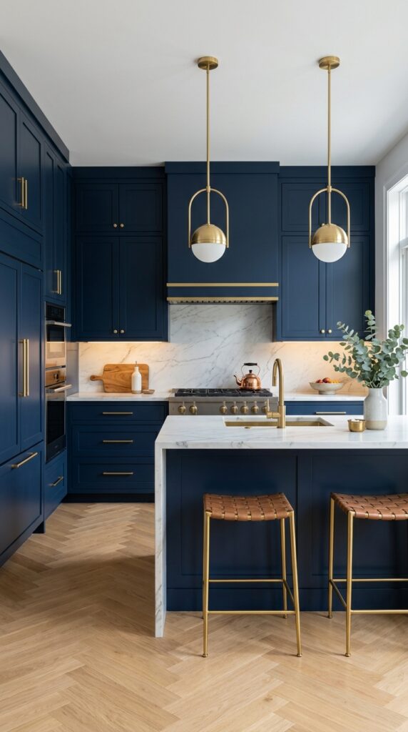 Navy blue statement kitchen with bold cabinetry and elegant accents, creating a luxurious, modern, and eye-catching interior design aesthetic