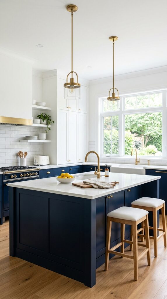 Navy blue and white kitchen with bold contrast and elegant design, creating a modern, timeless, and sophisticated interior with a clean aesthetic