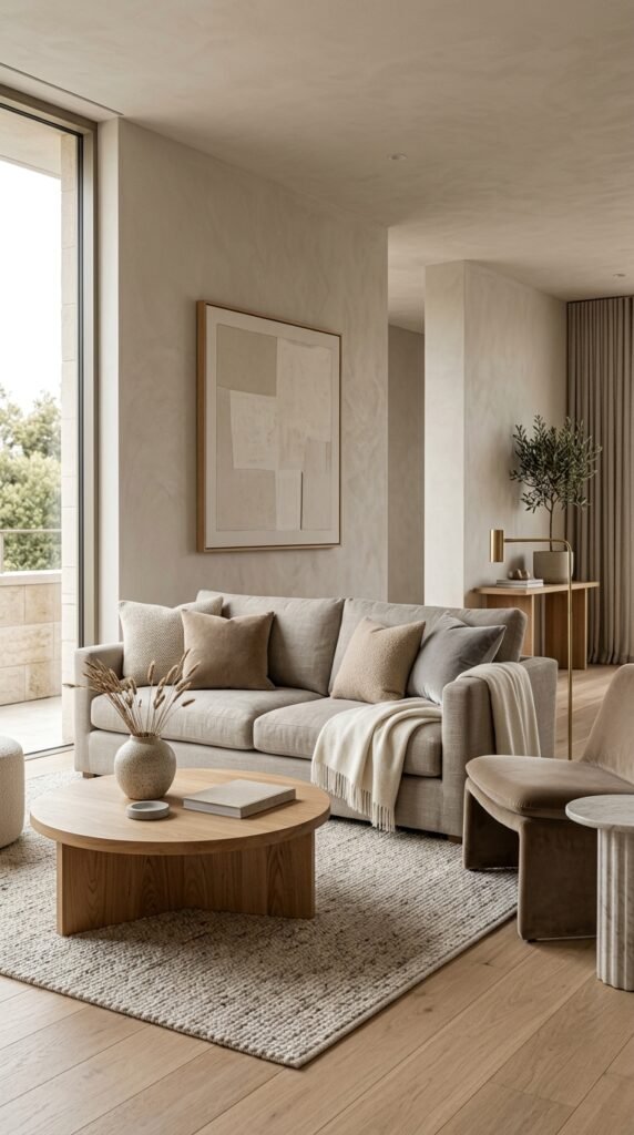 Warm beige and greige tones in a modern interior creating a cozy, elegant, and minimalist space with soft neutral colors and a refined aesthetic