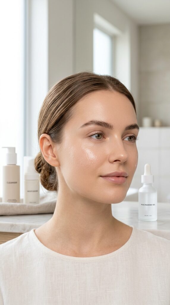 Niacinamide skincare routine for even skin tone, featuring smooth, balanced, and radiant skin with refined pores and a clean minimal aesthetic