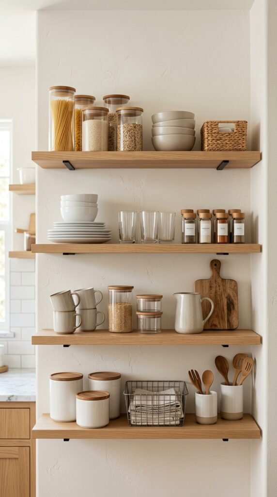Open shelving kitchen setup with neatly organized items for easy access, creating a clean, functional, and modern storage solution
