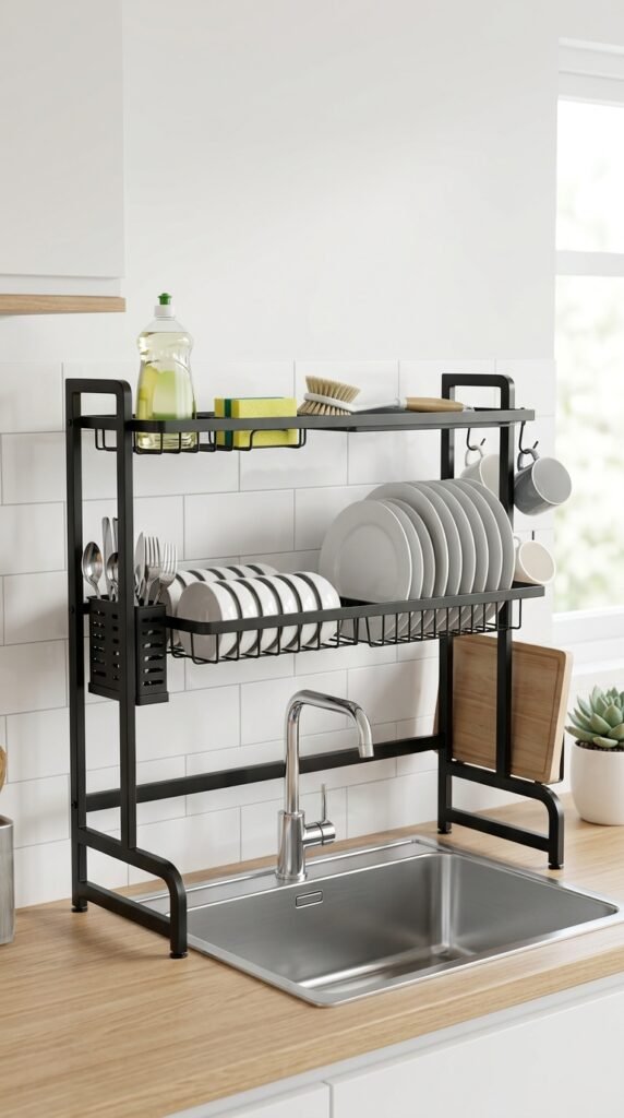 Over-the-sink storage rack with organized dishes and utensils, creating a space-saving, clean, and functional kitchen setup with a modern aesthetic