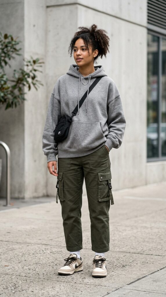 Oversized hoodie with cargo pants creating a relaxed, trendy, and modern streetwear outfit with a perfect blend of comfort and style