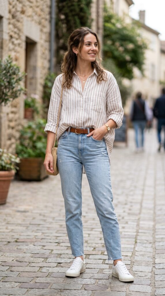 Oversized shirt tucked look with a relaxed yet styled silhouette, creating a casual, modern, and effortlessly chic outfit with a clean aesthetic