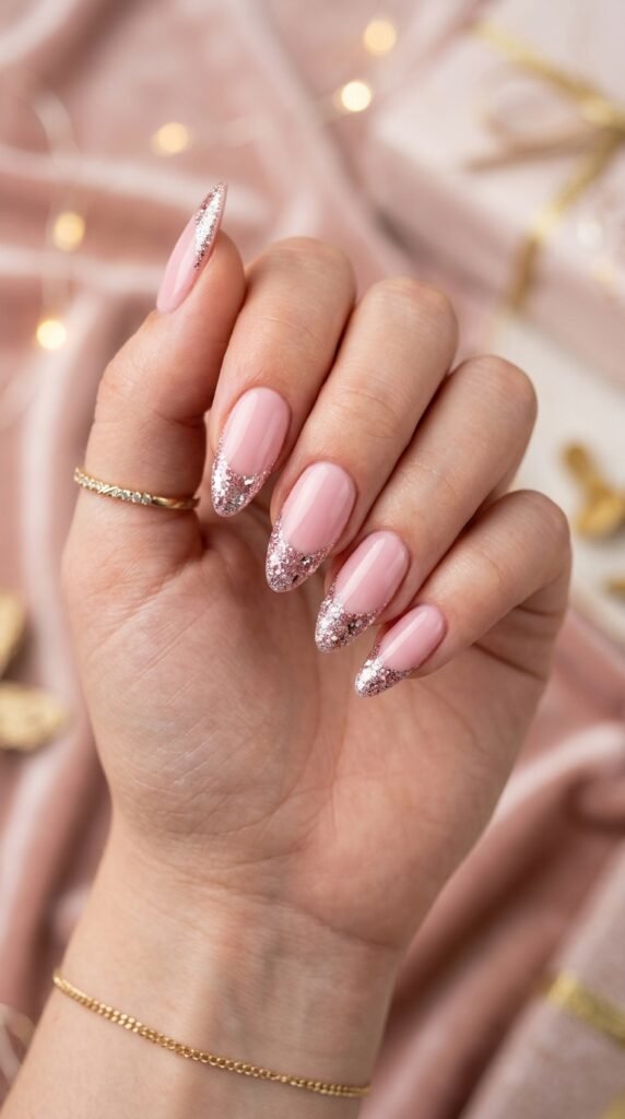 Pink birthday nails with glitter tips, featuring a soft feminine base and sparkling edges for a chic, festive, and elegant manicure look