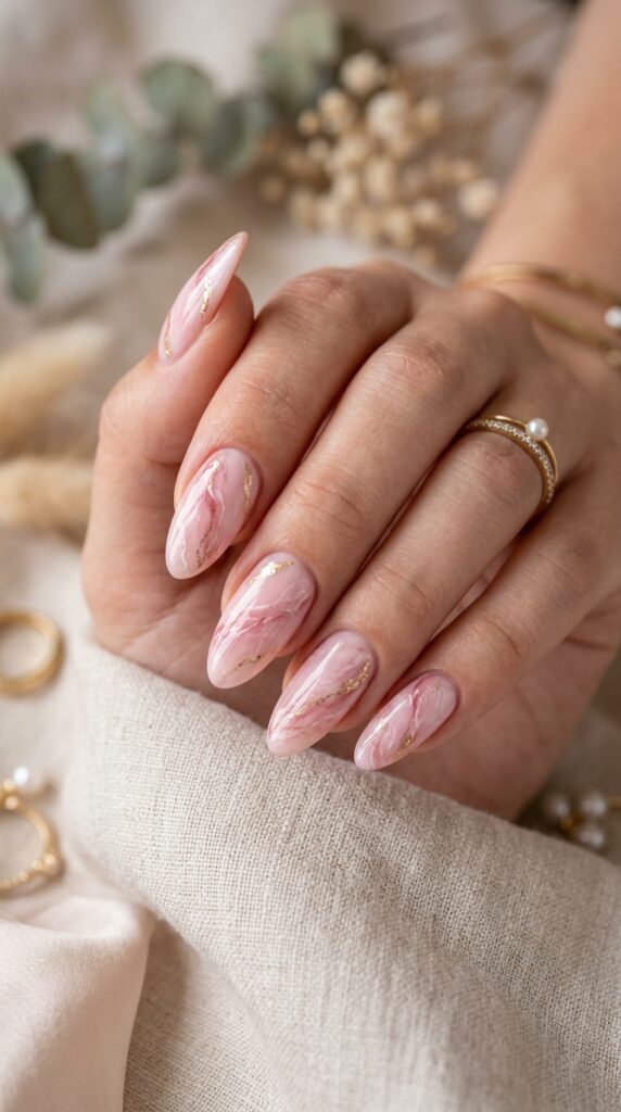 Pink marble nail design with soft blush tones and delicate veining, creating a feminine, elegant, and luxurious manicure with a modern aesthetic