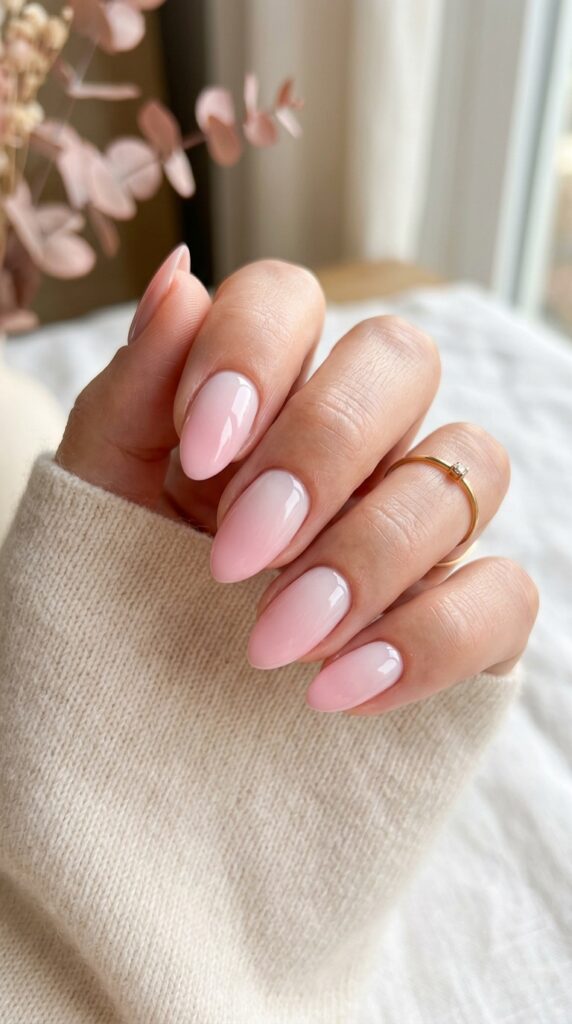 Soft pink ombre nails with a smooth gradient blend and glossy finish, creating a delicate, feminine, and elegant manicure look
