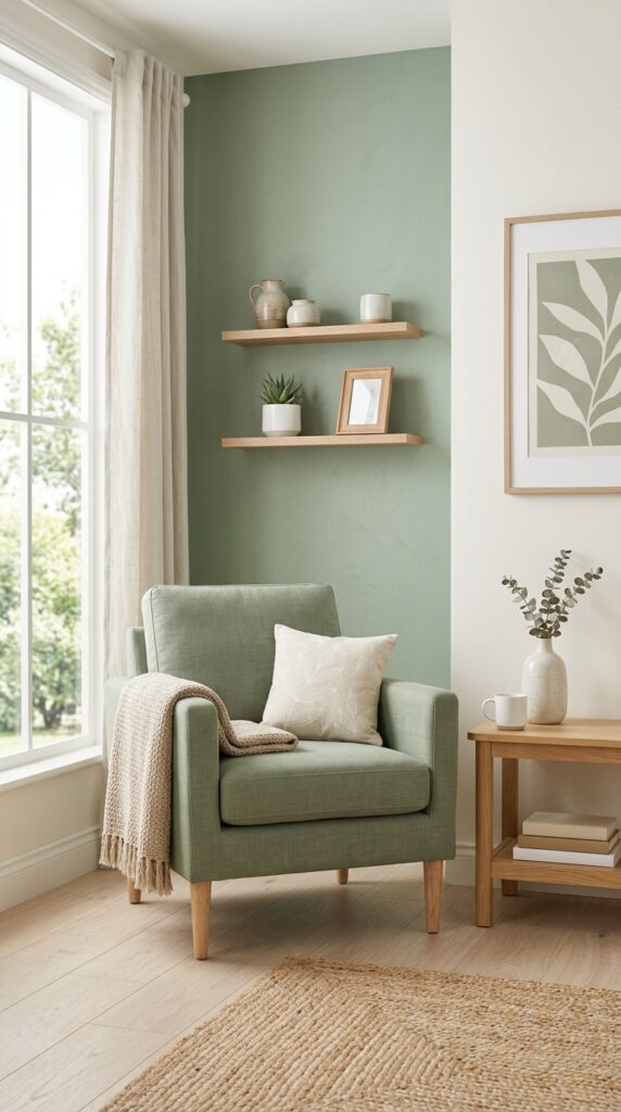 Sage green interior with natural tones and soft lighting, creating a calm, fresh, and minimalist space inspired by nature