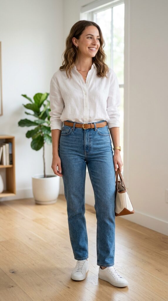 Tucked-in shirt style creating a clean, polished, and effortlessly chic outfit with a modern and balanced silhouette perfect for everyday fashion